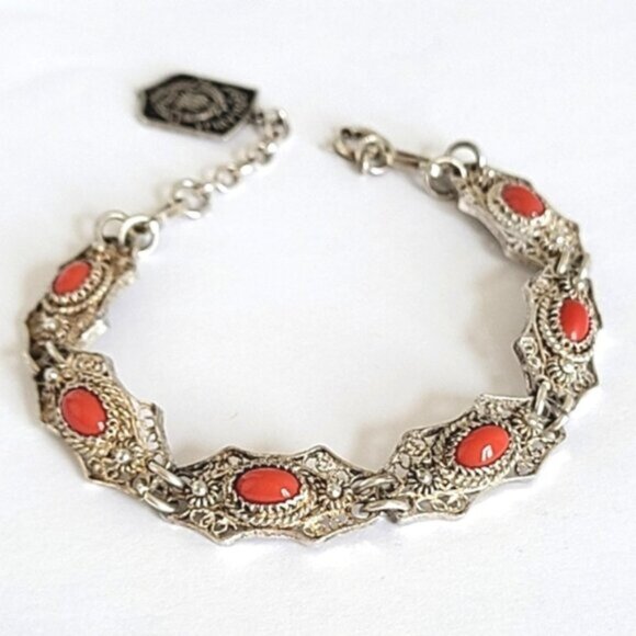 Vintage Antique Boho Sterling Silver Red Coral Cabochon Filigree Chain Bracelet - Picture 1 of 15